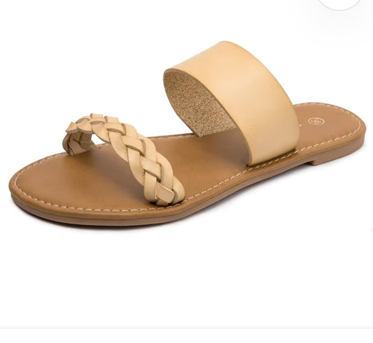 HEVA Womens Braided Flat Sandals Double Strap Slip On Mules Beige UK 3 EU 36