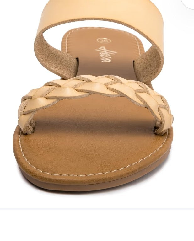 HEVA Womens Braided Flat Sandals Double Strap Slip On Mules Beige UK 3 EU 36