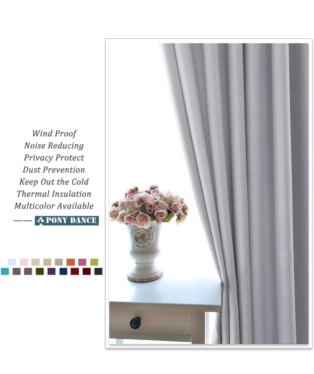 PONY DANCE Thermal Blackout Curtains (2 Panels) – Silver Grey