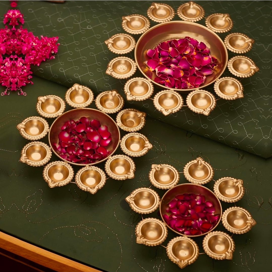 Diya Shape Urli Bowl Set for Decoration | Iron, 10,12,14 Inch | Set of 3 |